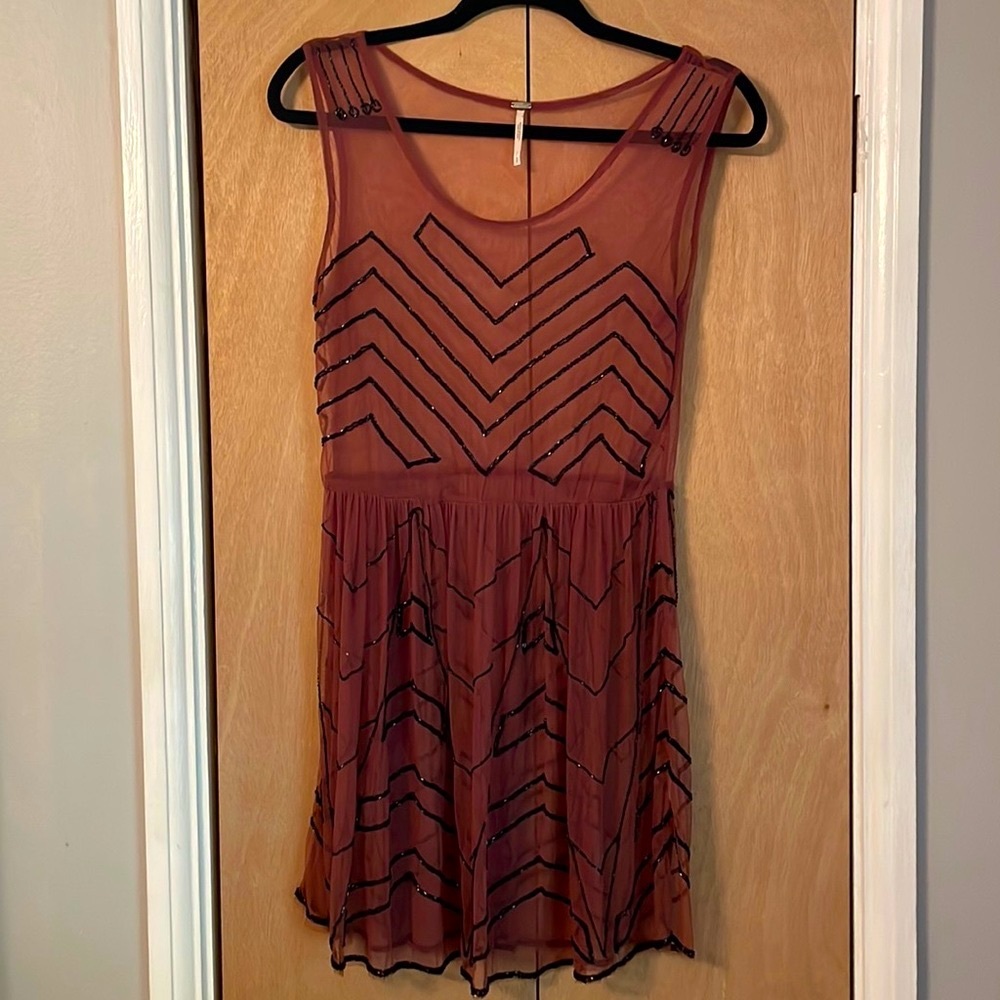 Free People Mauve Purple Beaded Sheer Mini Dress